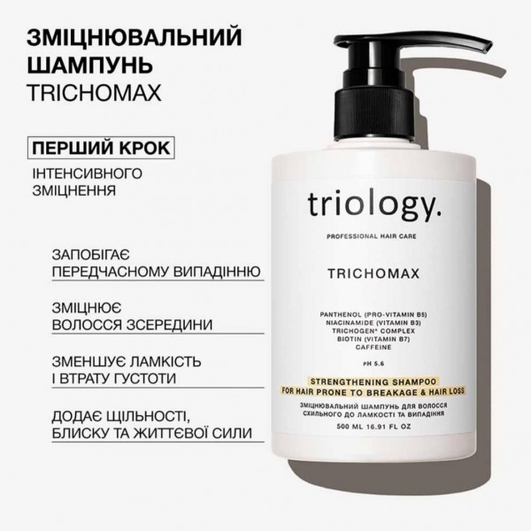 Зміцнювальний шампунь для волосся схильного до ламкості та випадіння Triology Trichomax 500 мл
