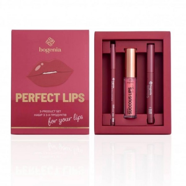 Подарунковий набір для губ Bogenia Perfect Lips 3-product set (помада-олівець, блиск для губ, олівець для губ) №003