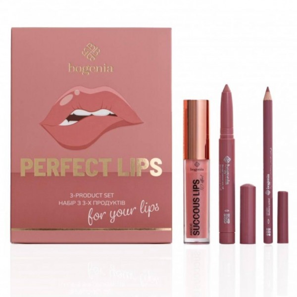Подарунковий набір для губ Bogenia Perfect Lips 3-product set (помада-олівець, блиск для губ, олівець для губ) №004