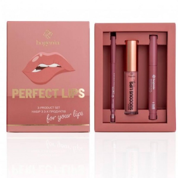 Подарунковий набір для губ Bogenia Perfect Lips 3-product set (помада-олівець, блиск для губ, олівець для губ) №004